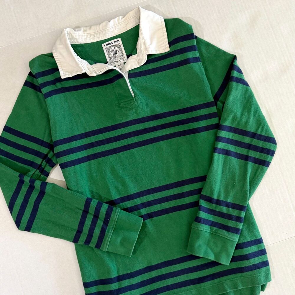 Lands' End Green Navy Striped Long-Sleeve Rugby Shirt, Boys M 90s Preppy Polo